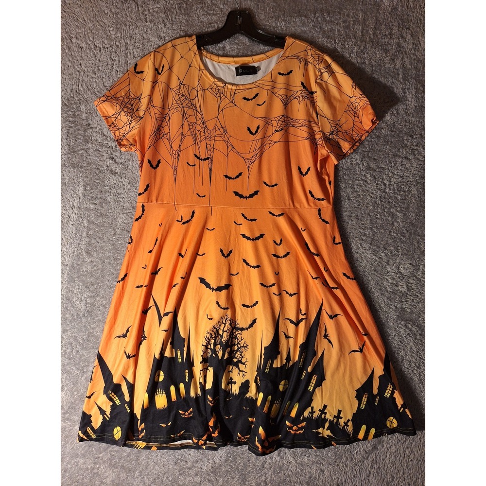 For G and PL Womens 2XL Halloween Dress Bats Haunted House A Line Orange Party